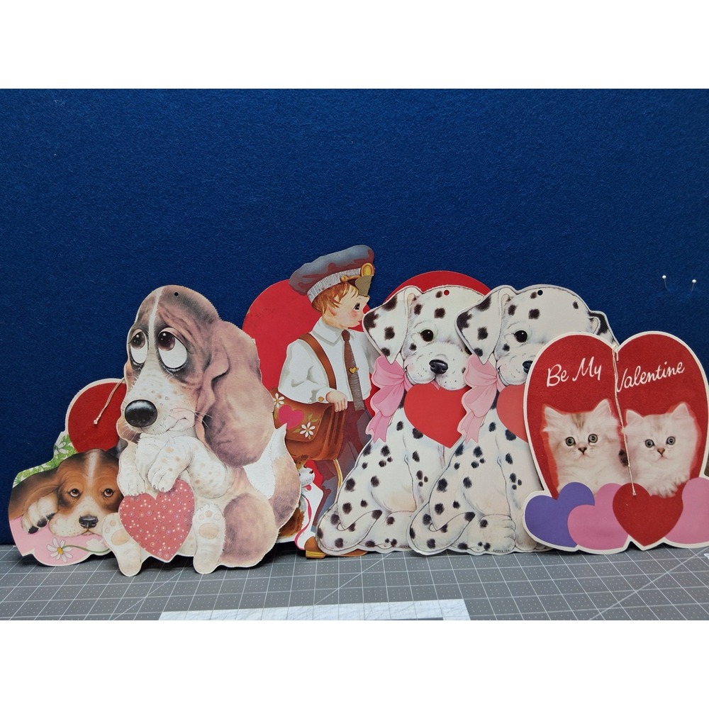 Vintage Valentines Day Die Cut Wall Decorations Animals Mailman Boy Set of 6